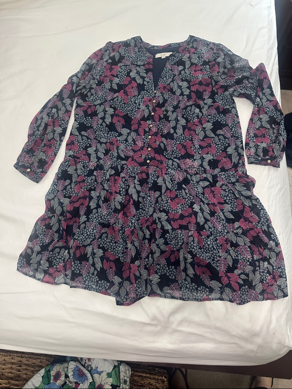 LOFT XXL tall Navy, Pink & Gray floral print knee length Dress w/ dropped waist